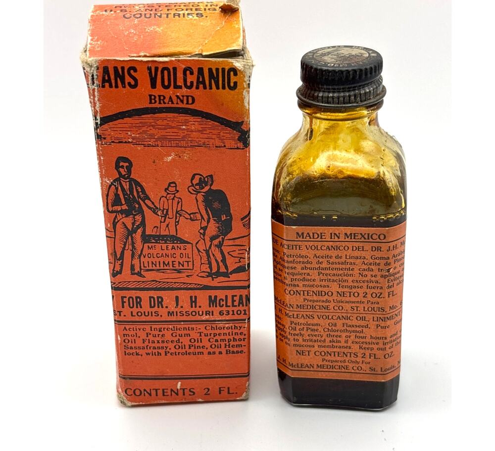 Vintage DR J.H McLean’s Volcanic Oil Liniment Apothecary Glass Bottle Shelf Item